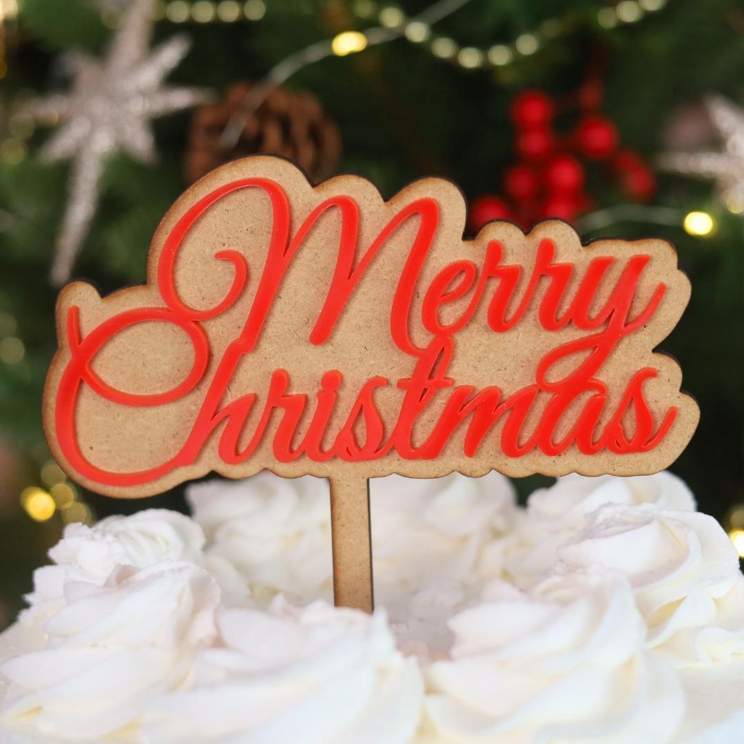 Merry Christmas Acrylic Cake Topper – Red Letters – UK Made (12cm X 14cm)