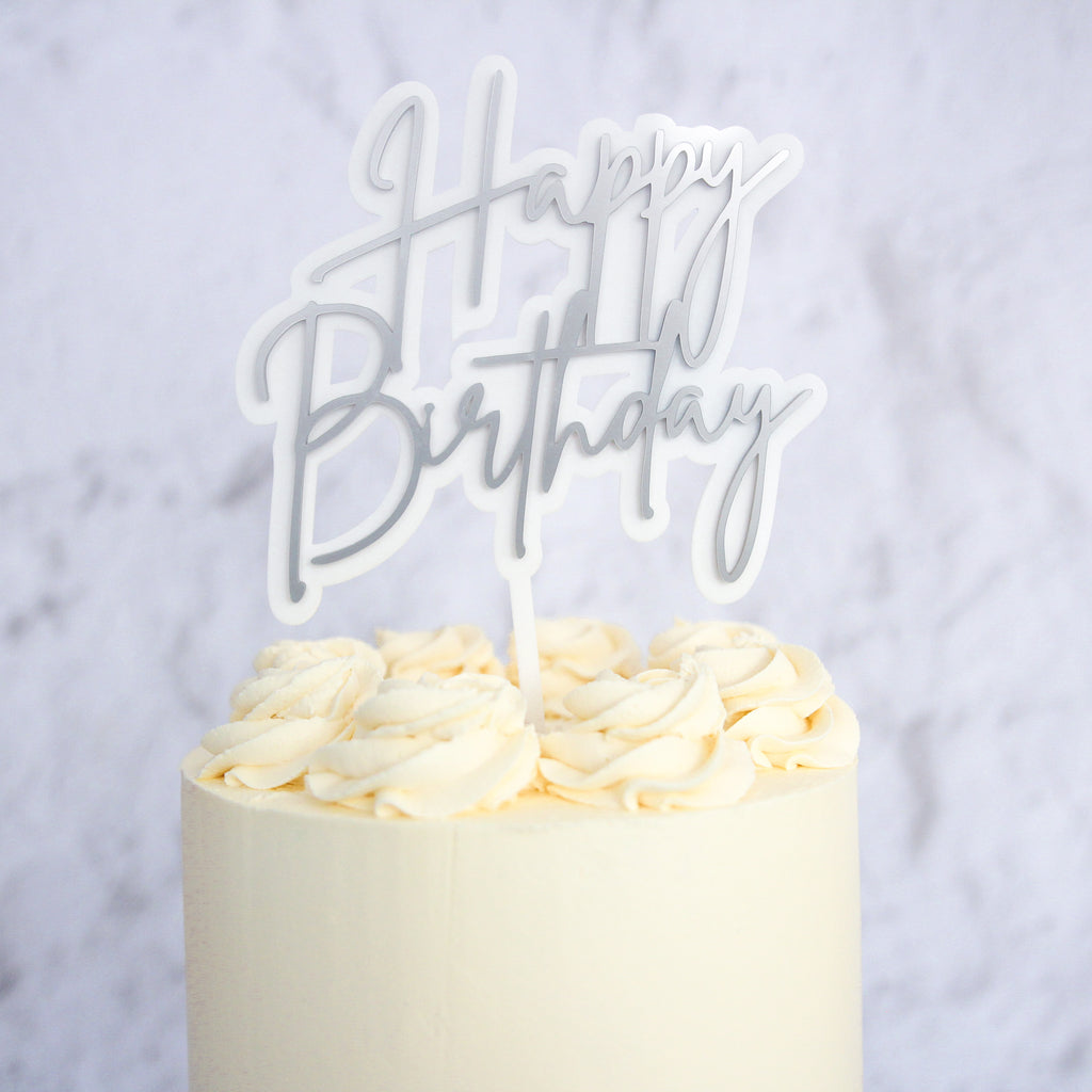 Happy Birthday Cake Topper - Trendy Silver
